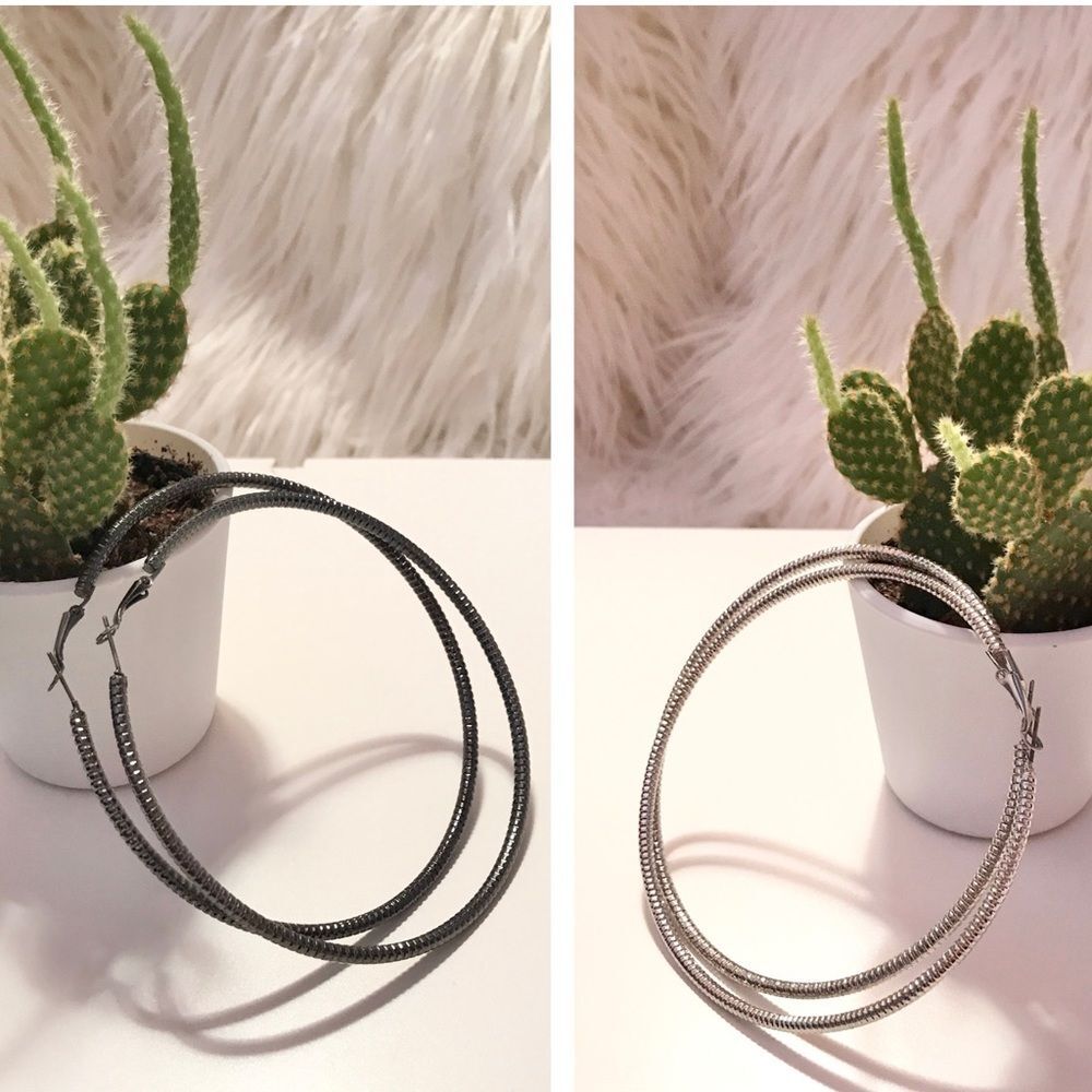 Set of 2 Silver and Gunmetal Tone Metal Extra Large Hoop 3 1/2” Earrings
